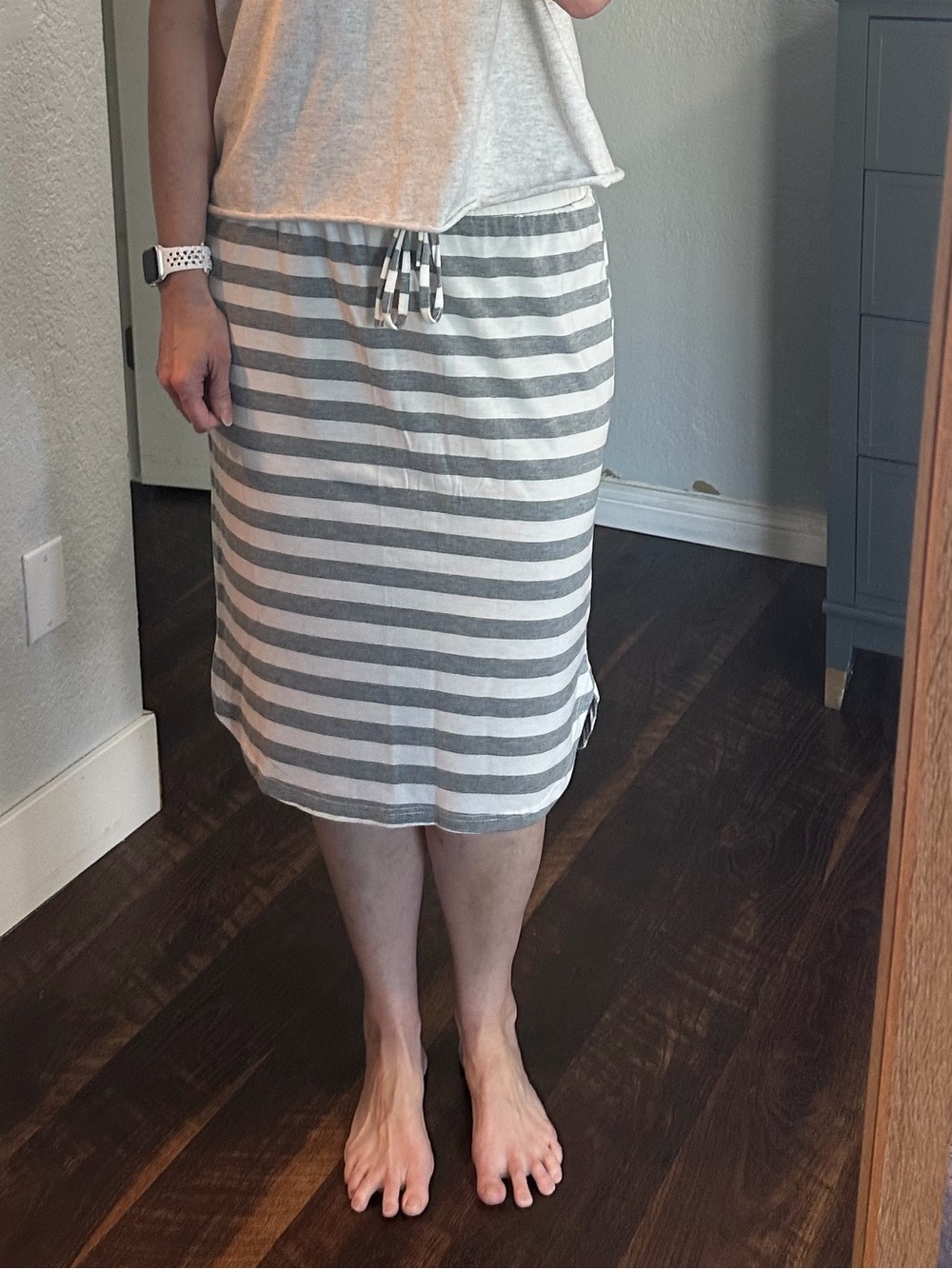 Tickled Teal Gray and White Striped Midi Drawstring Skirt